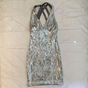 Silver sequined stretch cocktail dress